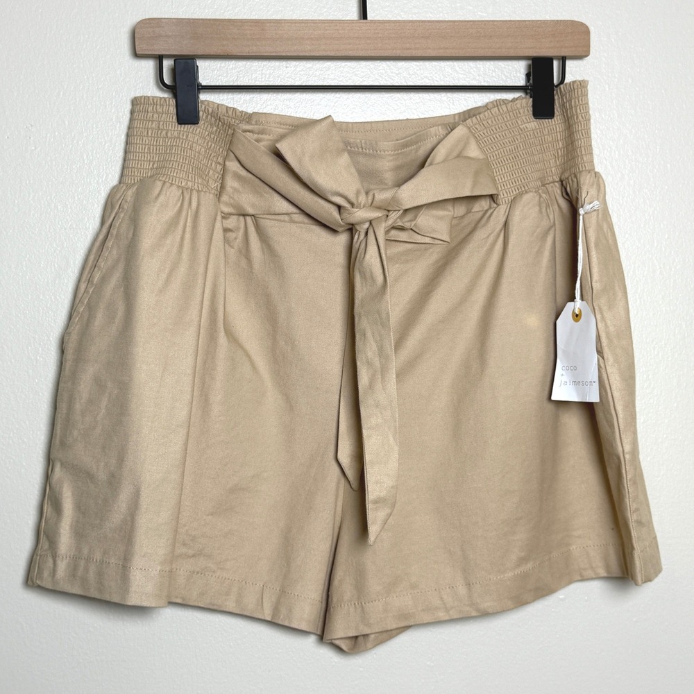 Coco + Jaimeson NEW Tan Khaki Smocked High Waist Tie Belt Shorts XL
